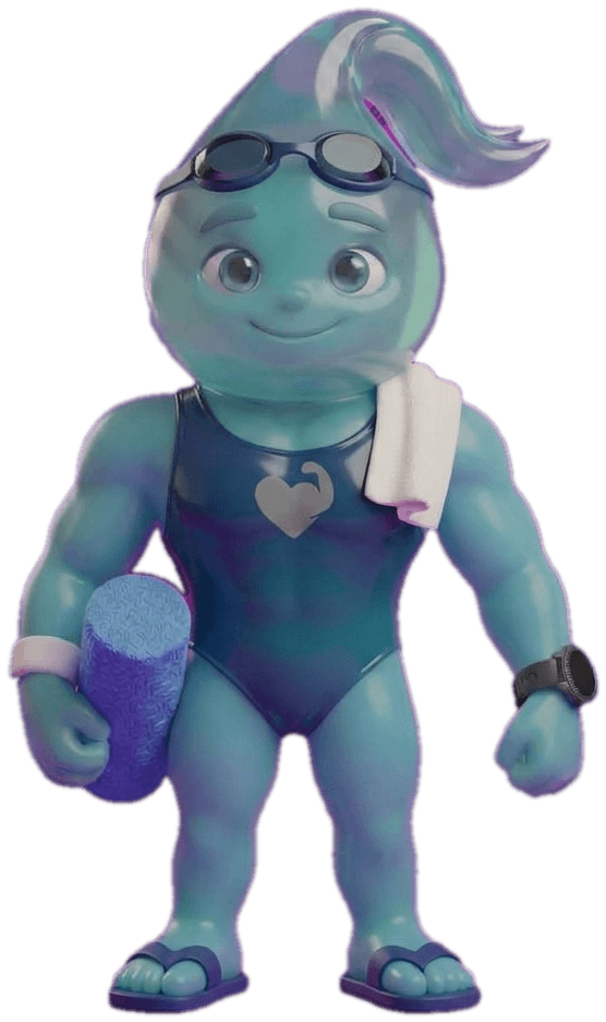 Dewy, the water character, with a foam roller