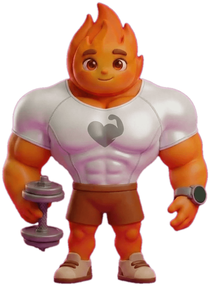 Emby, the fire character, holding a dumbbell