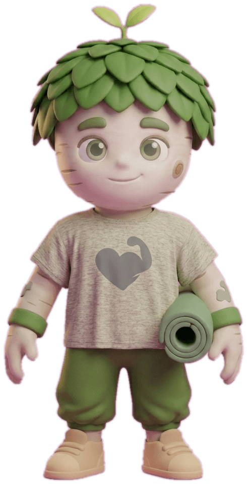 Twig, the tree character, carrying a yoga mat